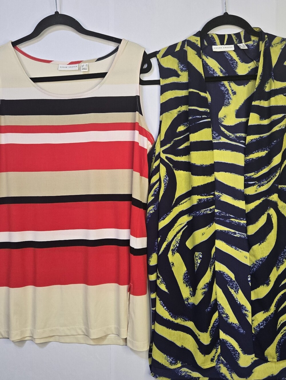 Susan Graver Bundle-2 Tops. 1-RW&B Stripe Tank Sz M & 1-Neon Zebra Vest Sz 12